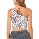 Black Paw And Heart Pattern Print One Shoulder Crop Top