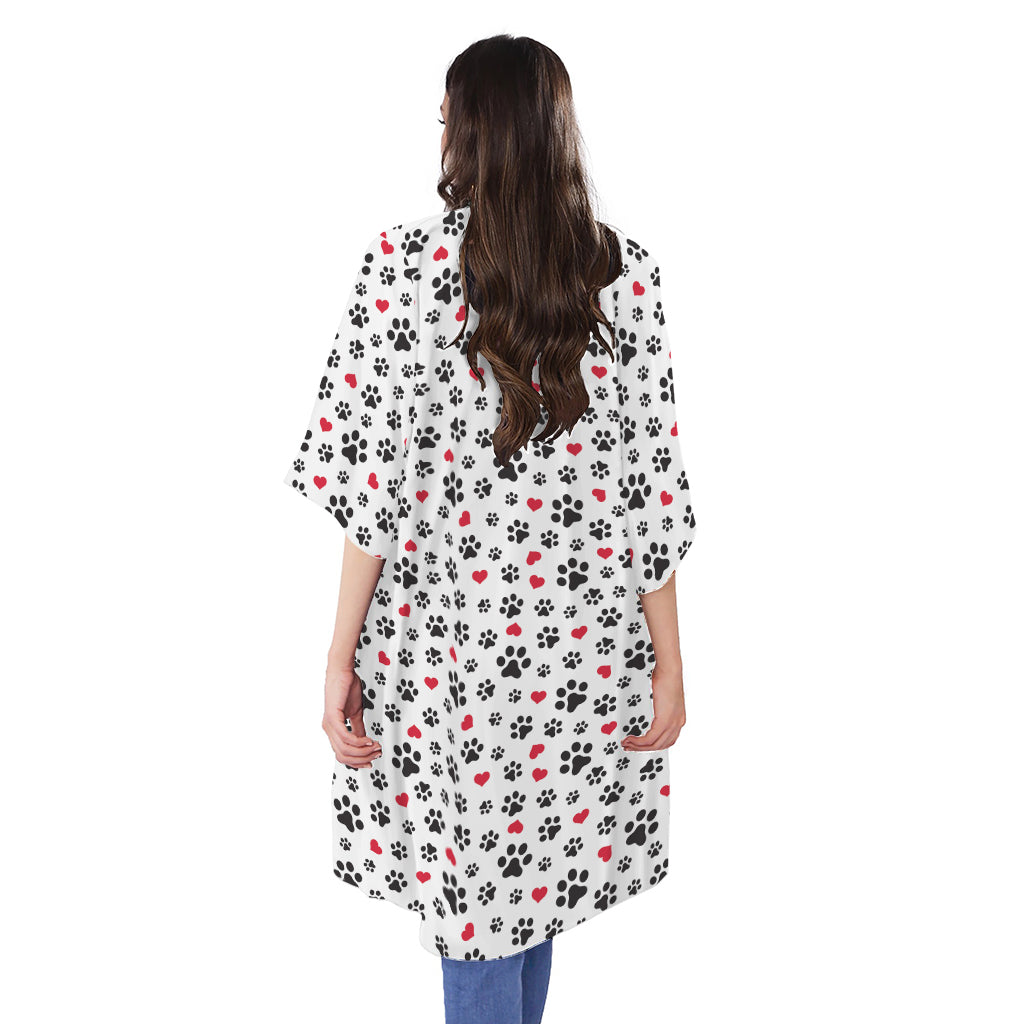 Black Paw And Heart Pattern Print Open Front Beach Cover Up