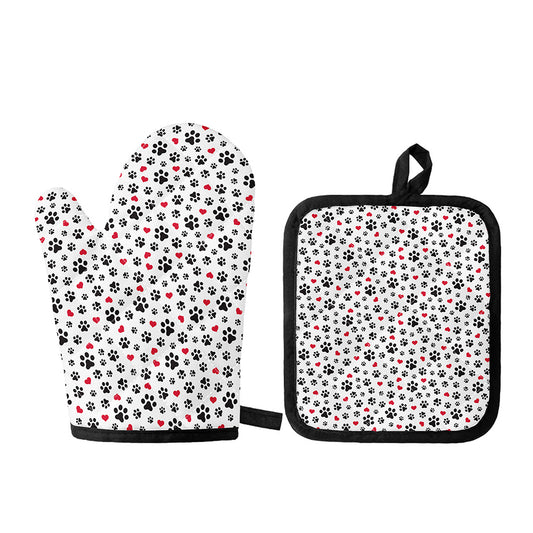 Black Paw And Heart Pattern Print Oven Mitt And Pot Holder Set