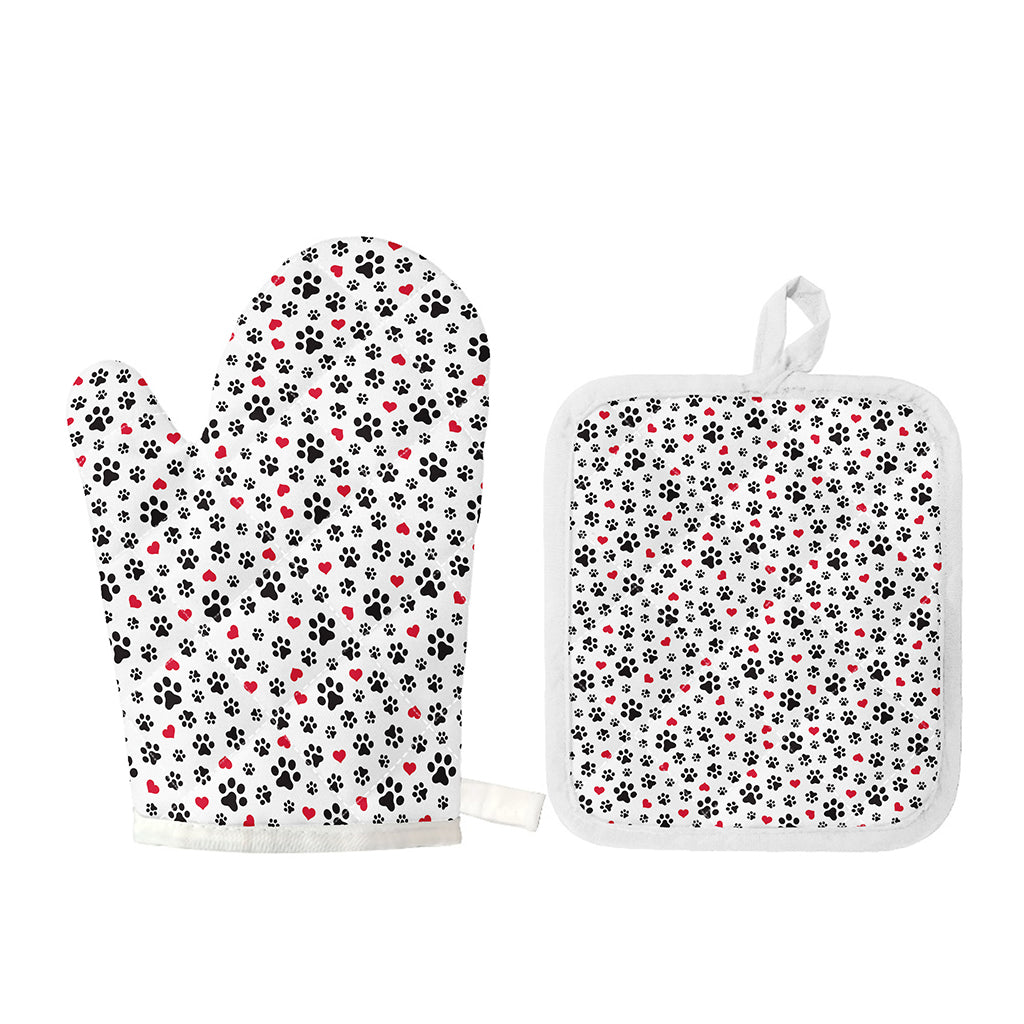 Black Paw And Heart Pattern Print Oven Mitt And Pot Holder Set