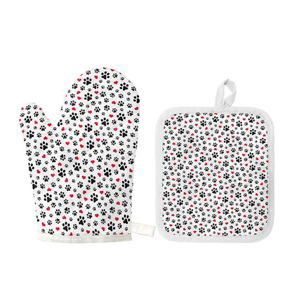 Black Paw And Heart Pattern Print Oven Mitt And Pot Holder Set