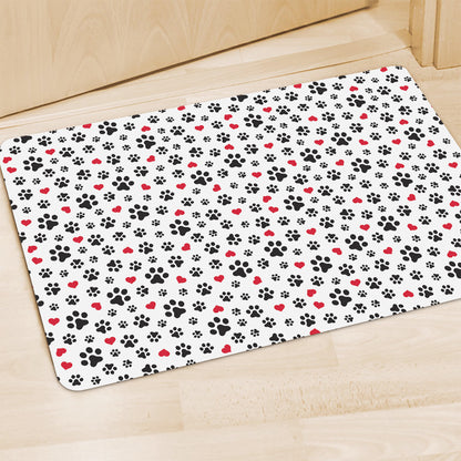 Black Paw And Heart Pattern Print Polyester Doormat