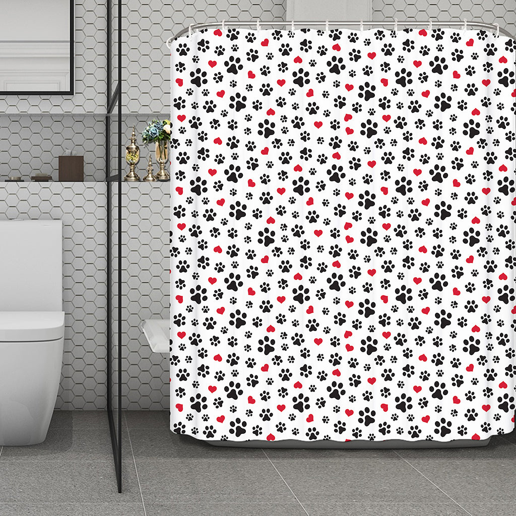 Black Paw And Heart Pattern Print Polyester Shower Curtain