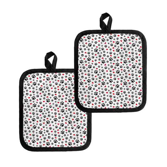 Black Paw And Heart Pattern Print Pot Holders