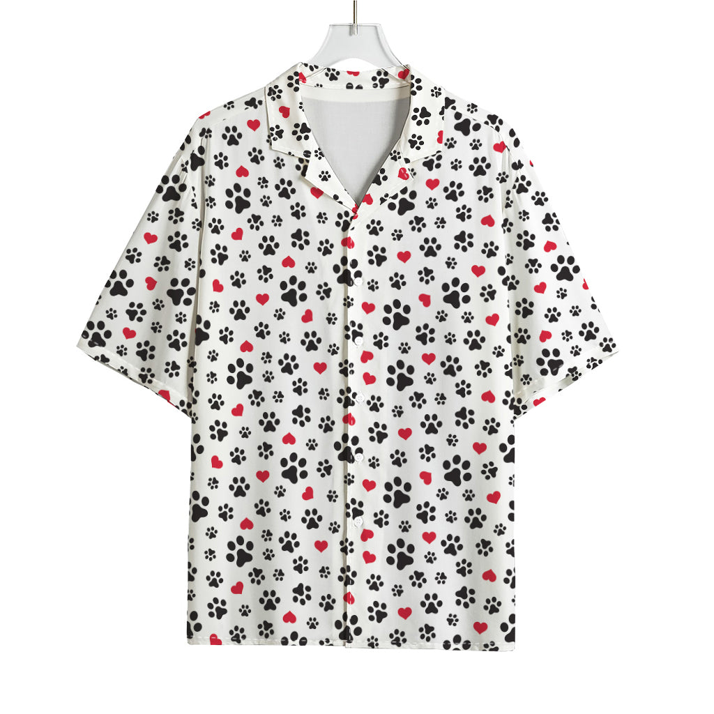 Black Paw And Heart Pattern Print Rayon Hawaiian Shirt