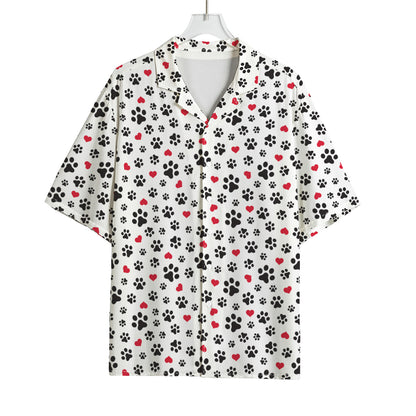Black Paw And Heart Pattern Print Rayon Hawaiian Shirt