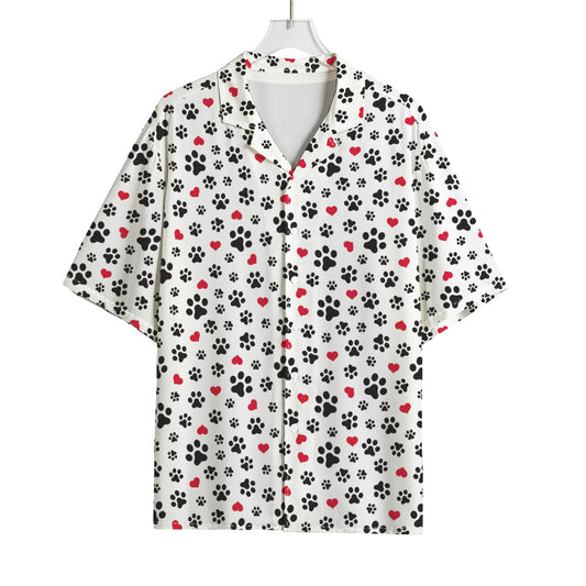 Black Paw And Heart Pattern Print Rayon Hawaiian Shirt