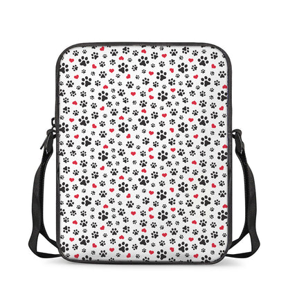 Black Paw And Heart Pattern Print Rectangular Crossbody Bag