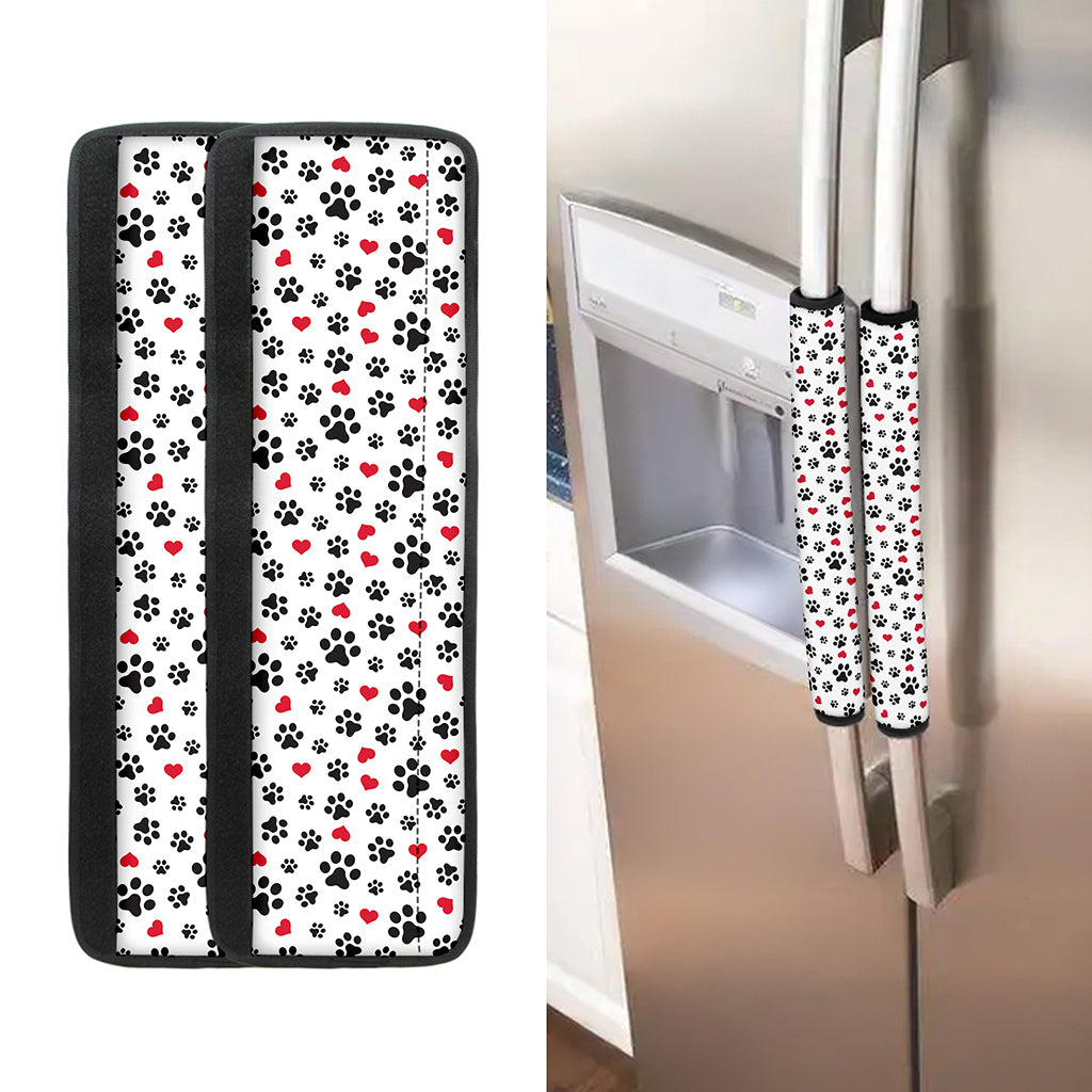 Black Paw And Heart Pattern Print Refrigerator Handle Covers