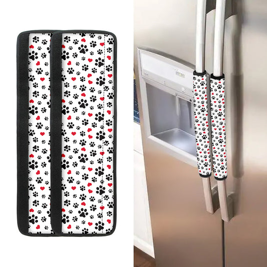 Black Paw And Heart Pattern Print Refrigerator Handle Covers