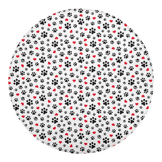 Black Paw And Heart Pattern Print Round Blanket