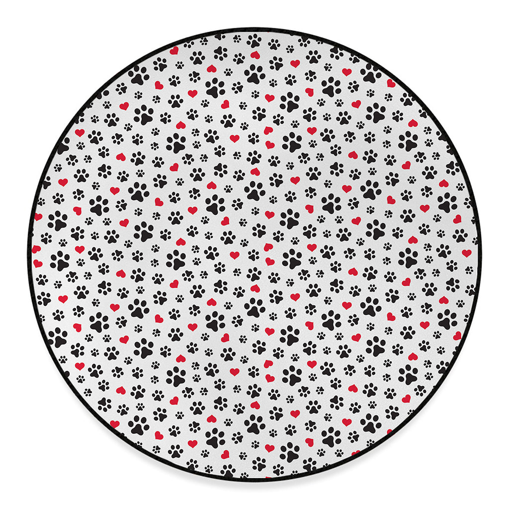 Black Paw And Heart Pattern Print Round Floor Mat