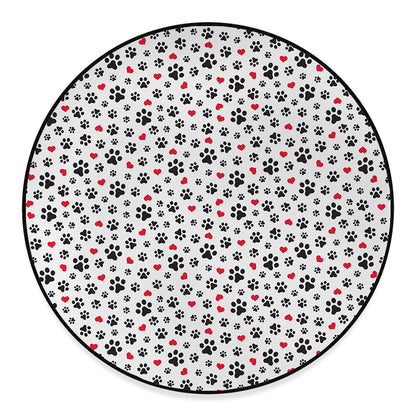 Black Paw And Heart Pattern Print Round Floor Mat