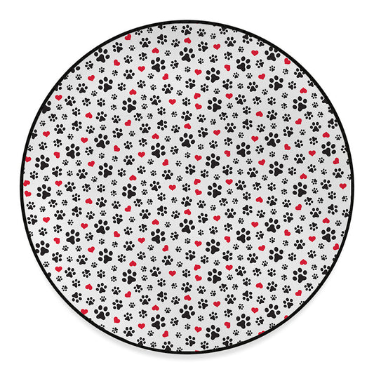 Black Paw And Heart Pattern Print Round Floor Mat