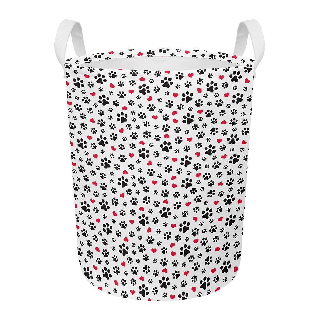 Black Paw And Heart Pattern Print Round Laundry Basket
