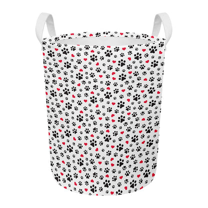 Black Paw And Heart Pattern Print Round Laundry Basket