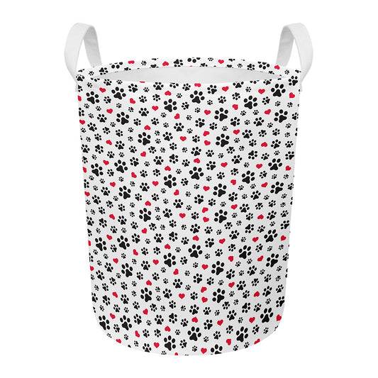 Black Paw And Heart Pattern Print Round Laundry Basket
