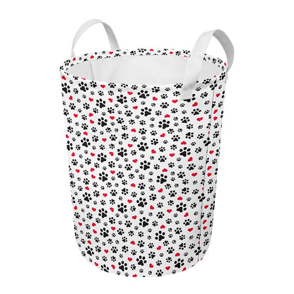 Black Paw And Heart Pattern Print Round Laundry Basket
