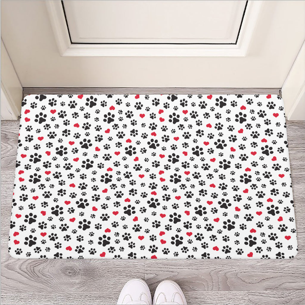 Black Paw And Heart Pattern Print Rubber Doormat