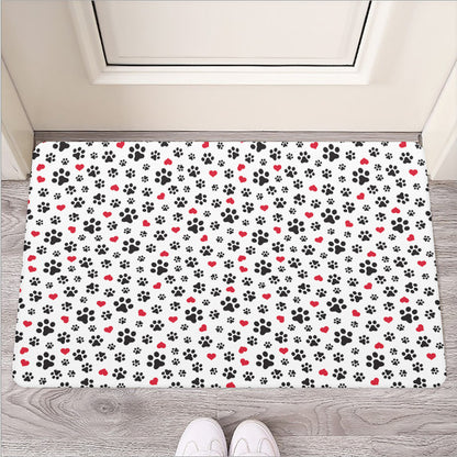 Black Paw And Heart Pattern Print Rubber Doormat
