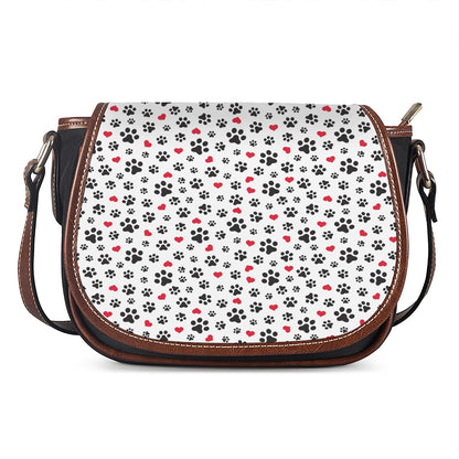 Black Paw And Heart Pattern Print Saddle Bag