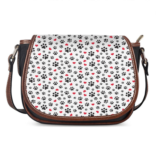 Black Paw And Heart Pattern Print Saddle Bag
