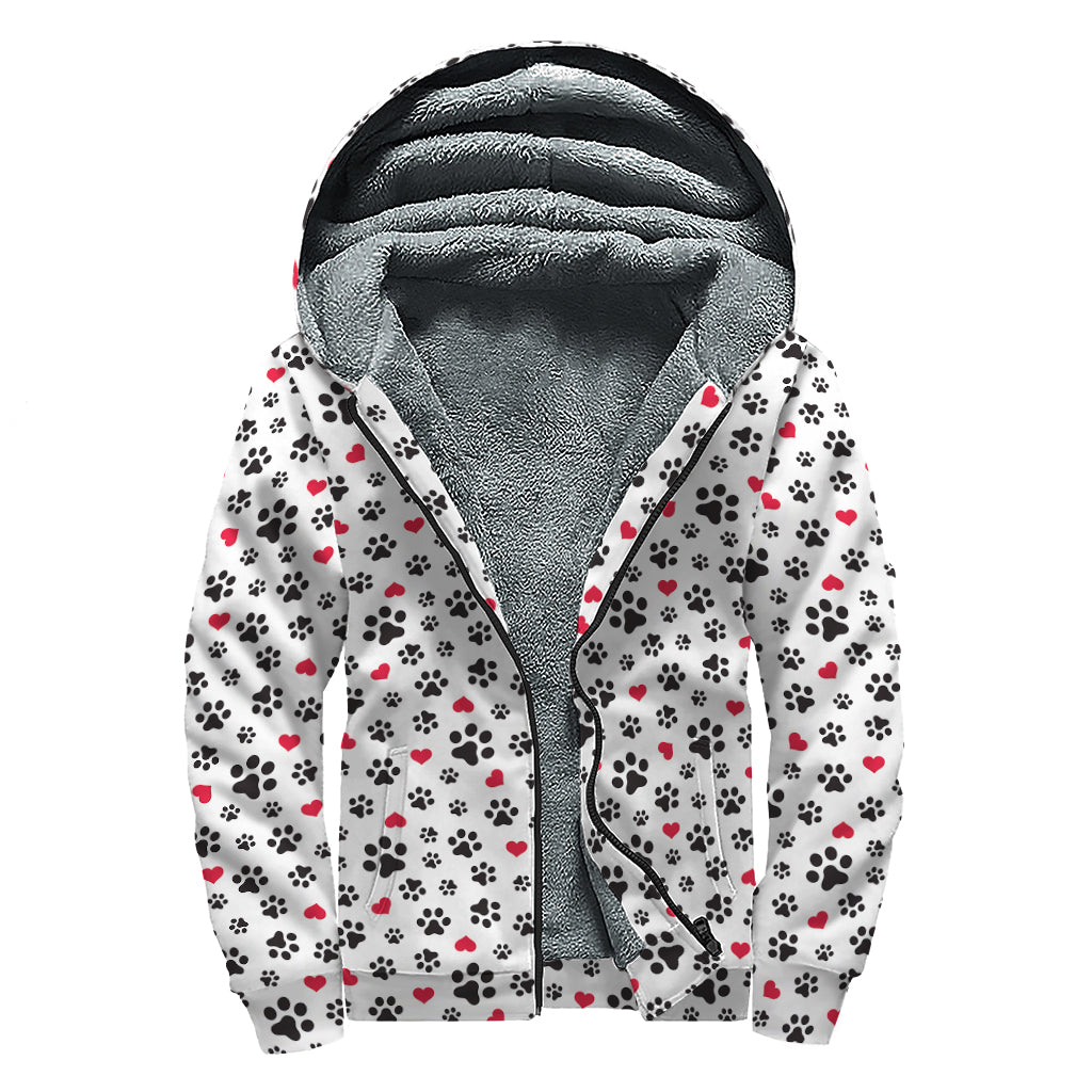 Black Paw And Heart Pattern Print Sherpa Lined Zip Up Hoodie