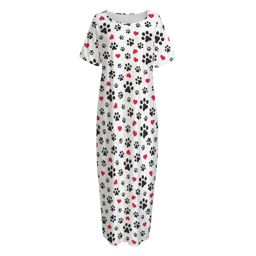 Black Paw And Heart Pattern Print Short Sleeve Long Nightdress