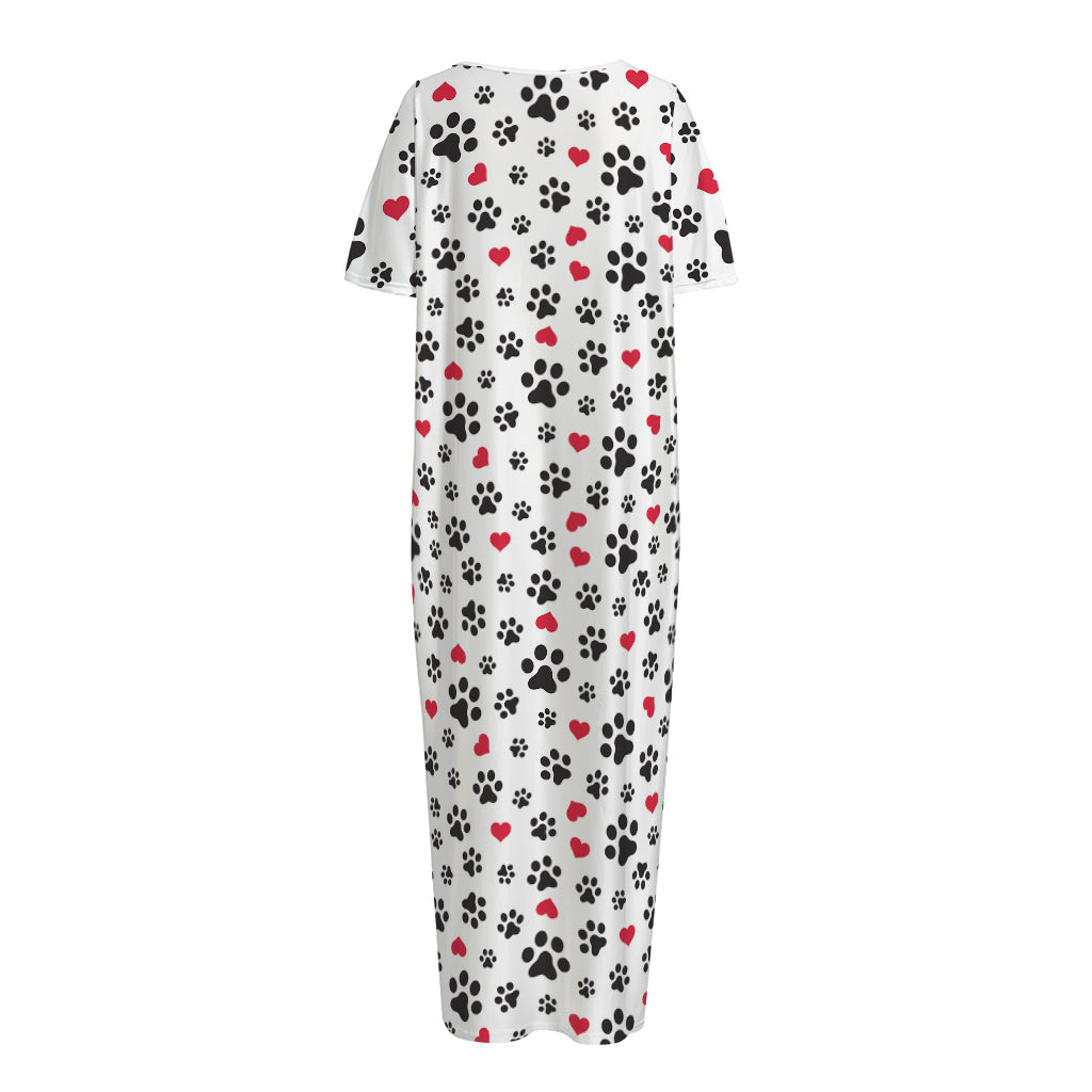 Black Paw And Heart Pattern Print Short Sleeve Long Nightdress