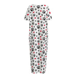 Black Paw And Heart Pattern Print Short Sleeve Long Nightdress