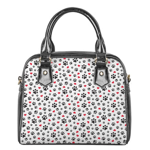 Black Paw And Heart Pattern Print Shoulder Handbag