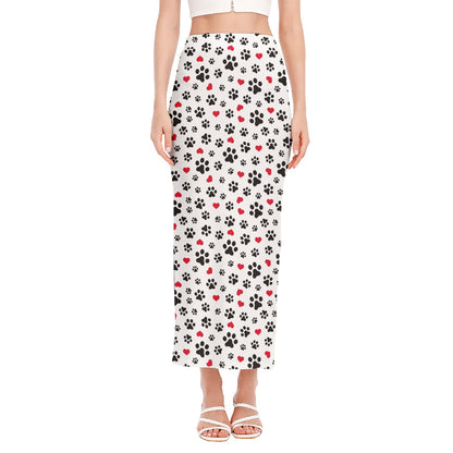 Black Paw And Heart Pattern Print Side Slit Maxi Skirt
