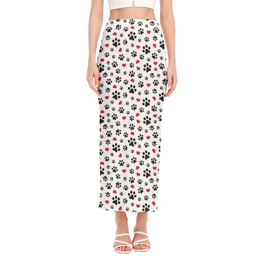 Black Paw And Heart Pattern Print Side Slit Maxi Skirt