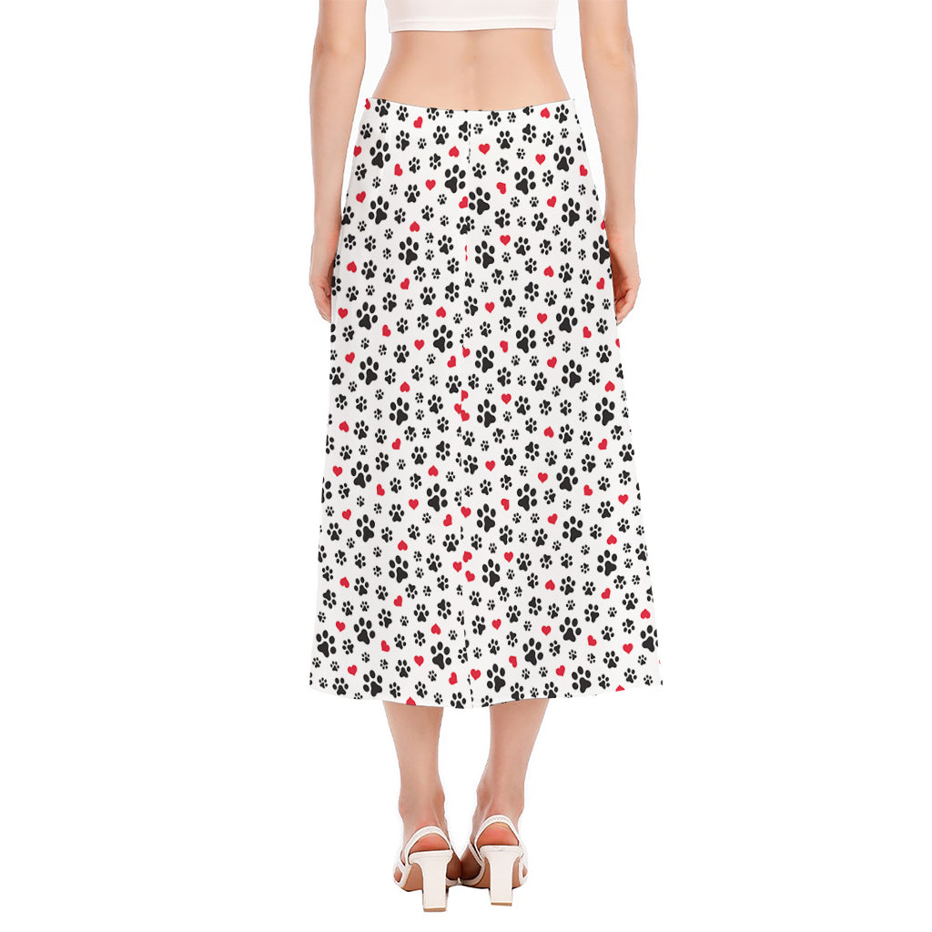 Black Paw And Heart Pattern Print Side Slit Midi Skirt