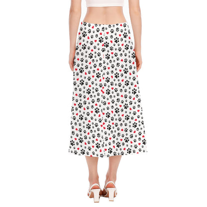 Black Paw And Heart Pattern Print Side Slit Midi Skirt