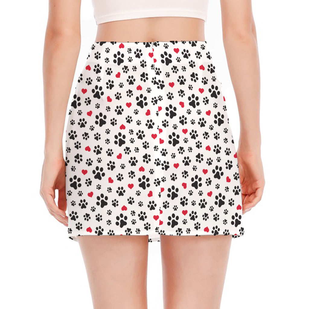 Black Paw And Heart Pattern Print Side Slit Mini Skirt