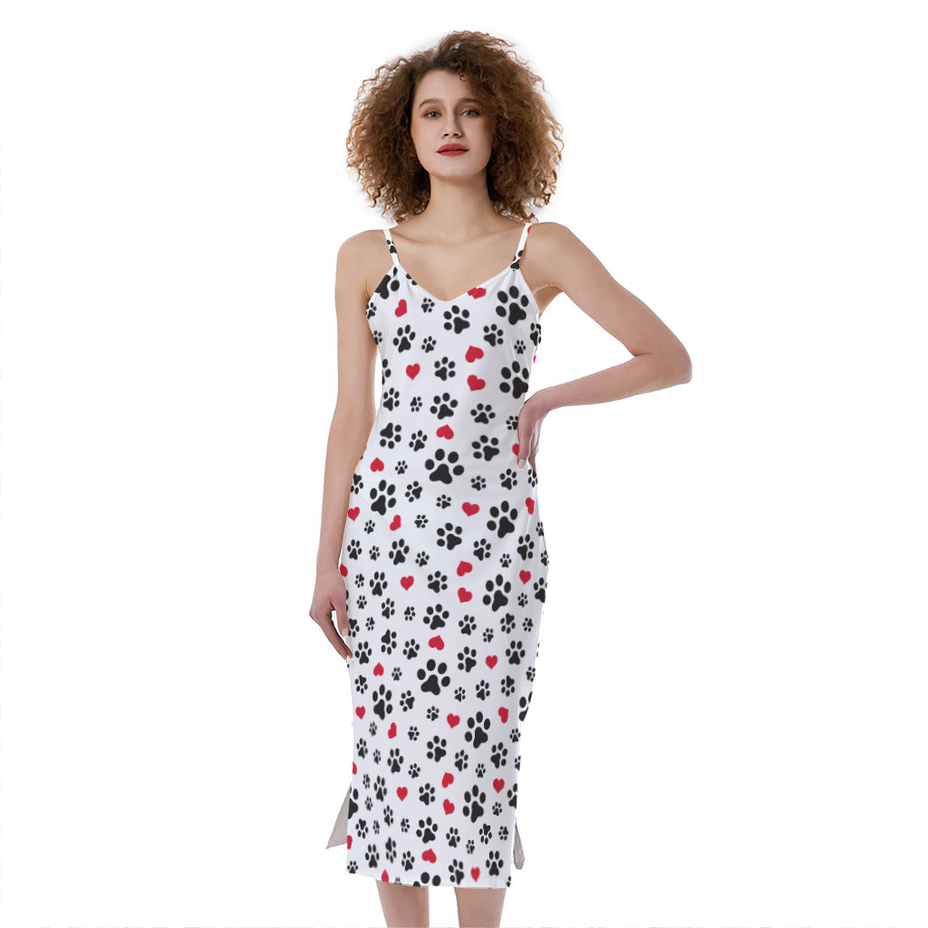 Black Paw And Heart Pattern Print Slim Fit Midi Cami Dress