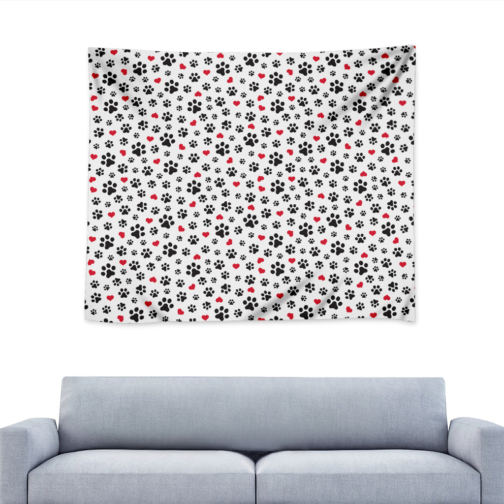 Black Paw And Heart Pattern Print Tapestry