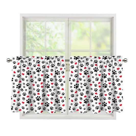 Black Paw And Heart Pattern Print Tier Curtains