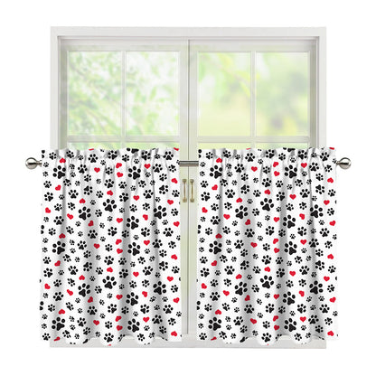 Black Paw And Heart Pattern Print Tier Curtains