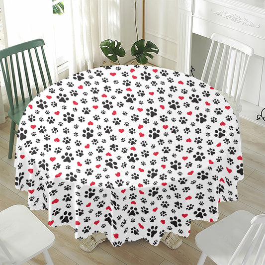 Black Paw And Heart Pattern Print Waterproof Round Tablecloth