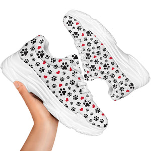 Black Paw And Heart Pattern Print White Chunky Shoes