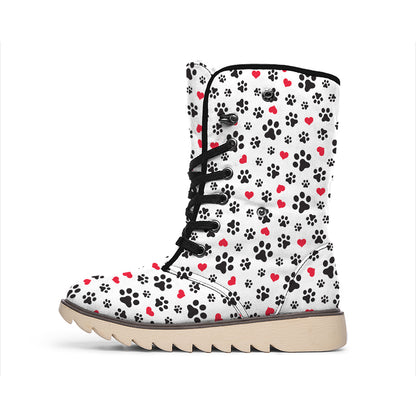 Black Paw And Heart Pattern Print Winter Boots