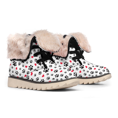 Black Paw And Heart Pattern Print Winter Boots