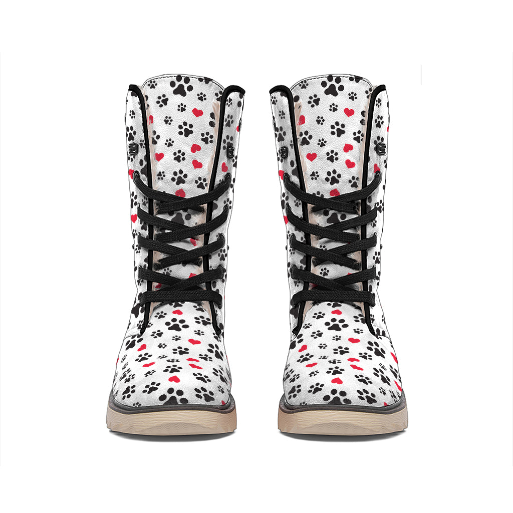 Black Paw And Heart Pattern Print Winter Boots