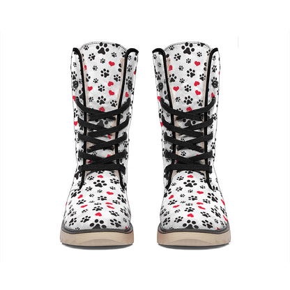 Black Paw And Heart Pattern Print Winter Boots