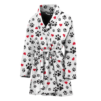 Black Paw And Heart Pattern Print Women's Bathrobe