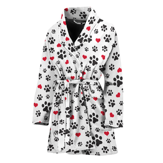 Black Paw And Heart Pattern Print Women's Bathrobe
