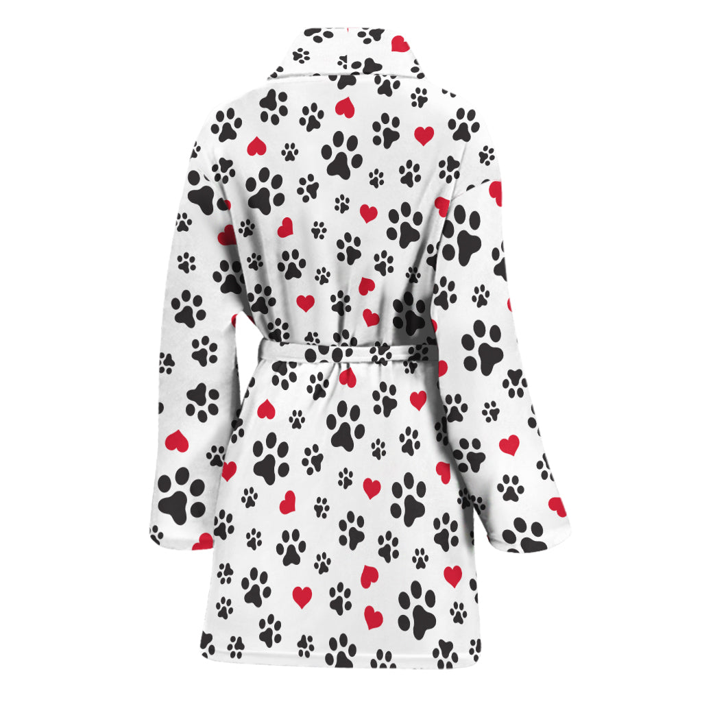 Black Paw And Heart Pattern Print Women's Bathrobe
