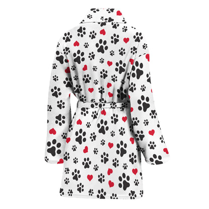Black Paw And Heart Pattern Print Women's Bathrobe